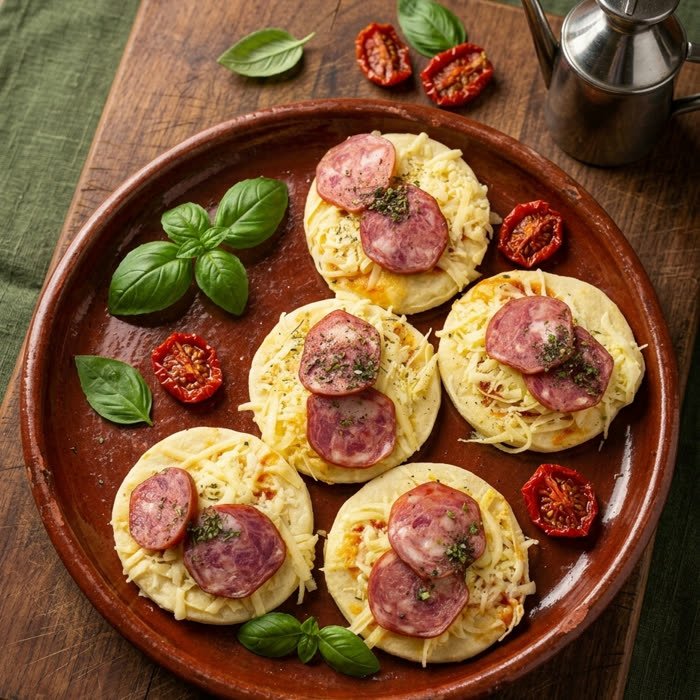 Rondelli artesanal fatiado servido com salame e manjericão